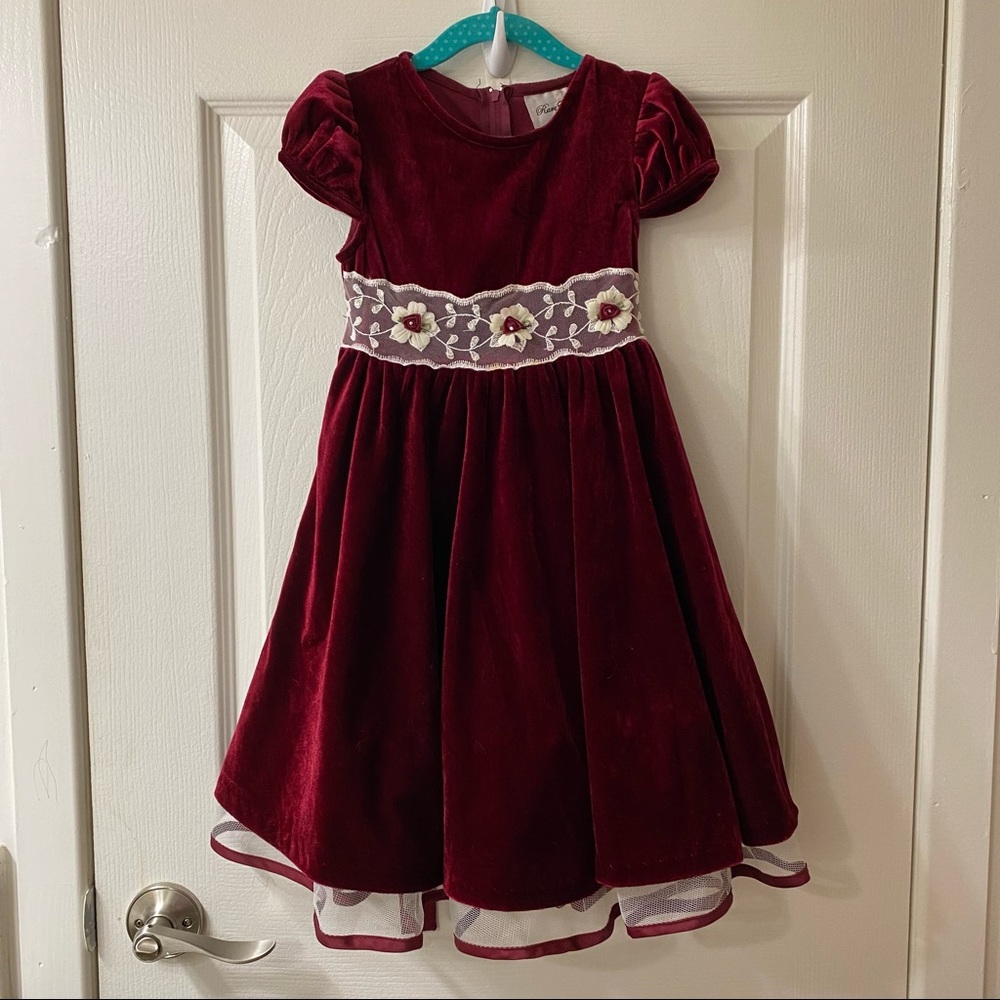 Red Velvet Dress With Rose Appliqués